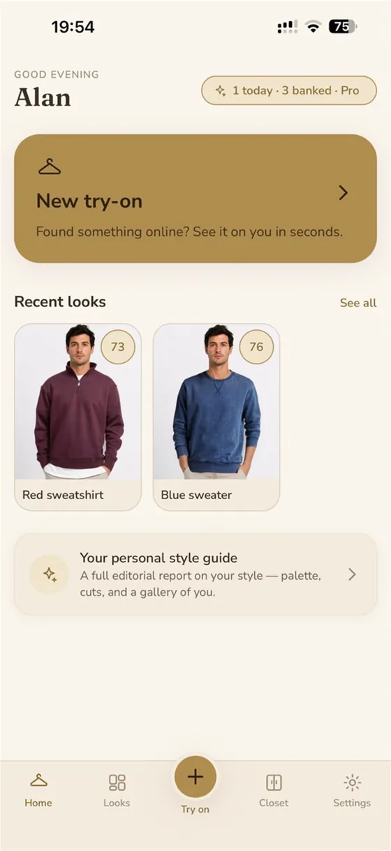 Vessa home screen showing recent try-on looks