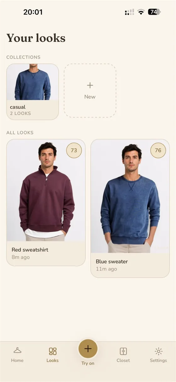 A grid of saved Vessa looks, each with its Style Score